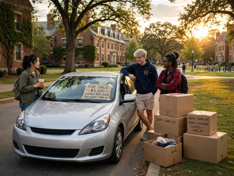 Students around a car for sale on campus at golden hour